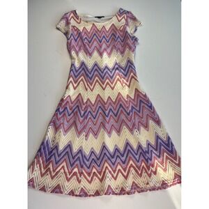 Vintage Y2K Style Chevron Knit Dress Purple Cream Pink Short Sleeve Sheath 8